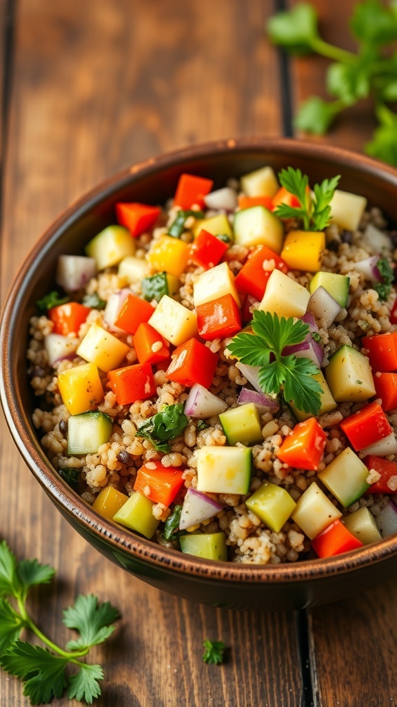 A colorful quinoa and lentil salad with bell peppers, cucumbers, and parsley in a bowl on a wooden table.